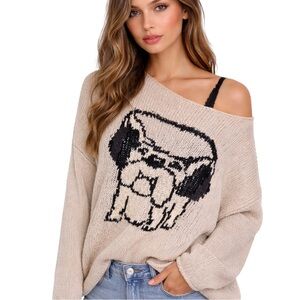 ABERCROMBIE AND FITCH Knit Sweater Oversized Beige Pug Graphic Womens SZ XS